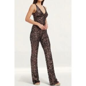 Dress the Population New Charlie Gunmetal Multi Sequined Jumpsuit Size L V-Neck